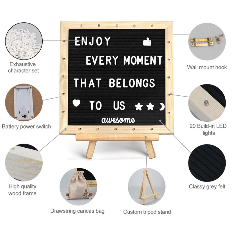 DoubleCare Black Felt Letter Board with Lights, Built-in LED Lights -Message Board Adjustable Stand, 340 Letters,- for Menus, Pregnancy Announcement, Weddings, Party Planning(10 * 10) (blackï¼¢) - Image 2